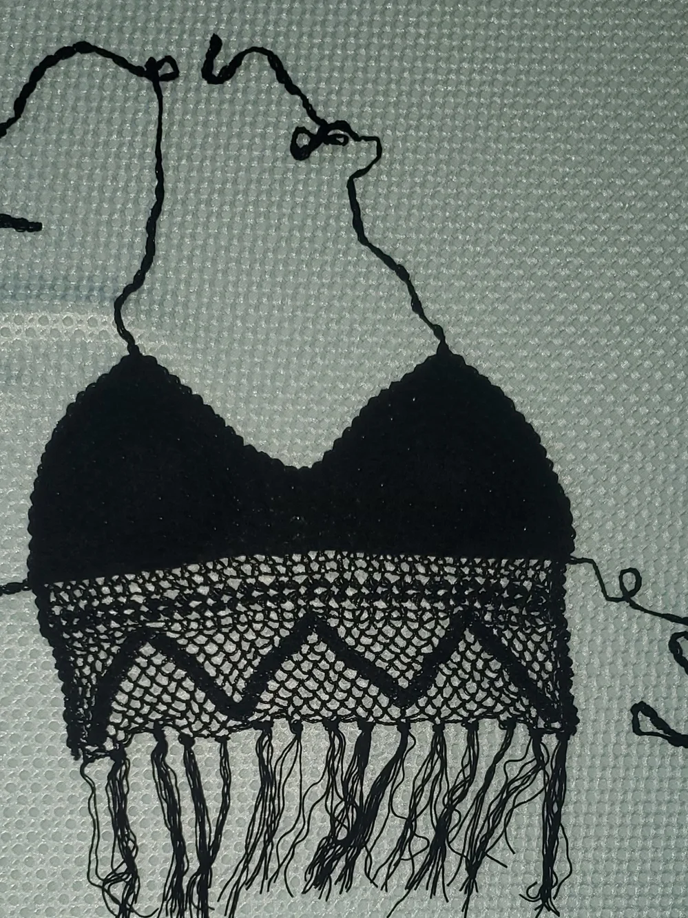 Black Crochet Fringe Halter Crop Top - Picture 2 of 5